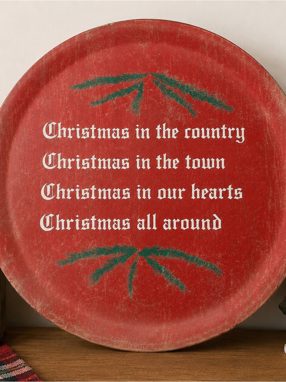 Red Christmas Round Decorative Tray - Country Holiday Accent